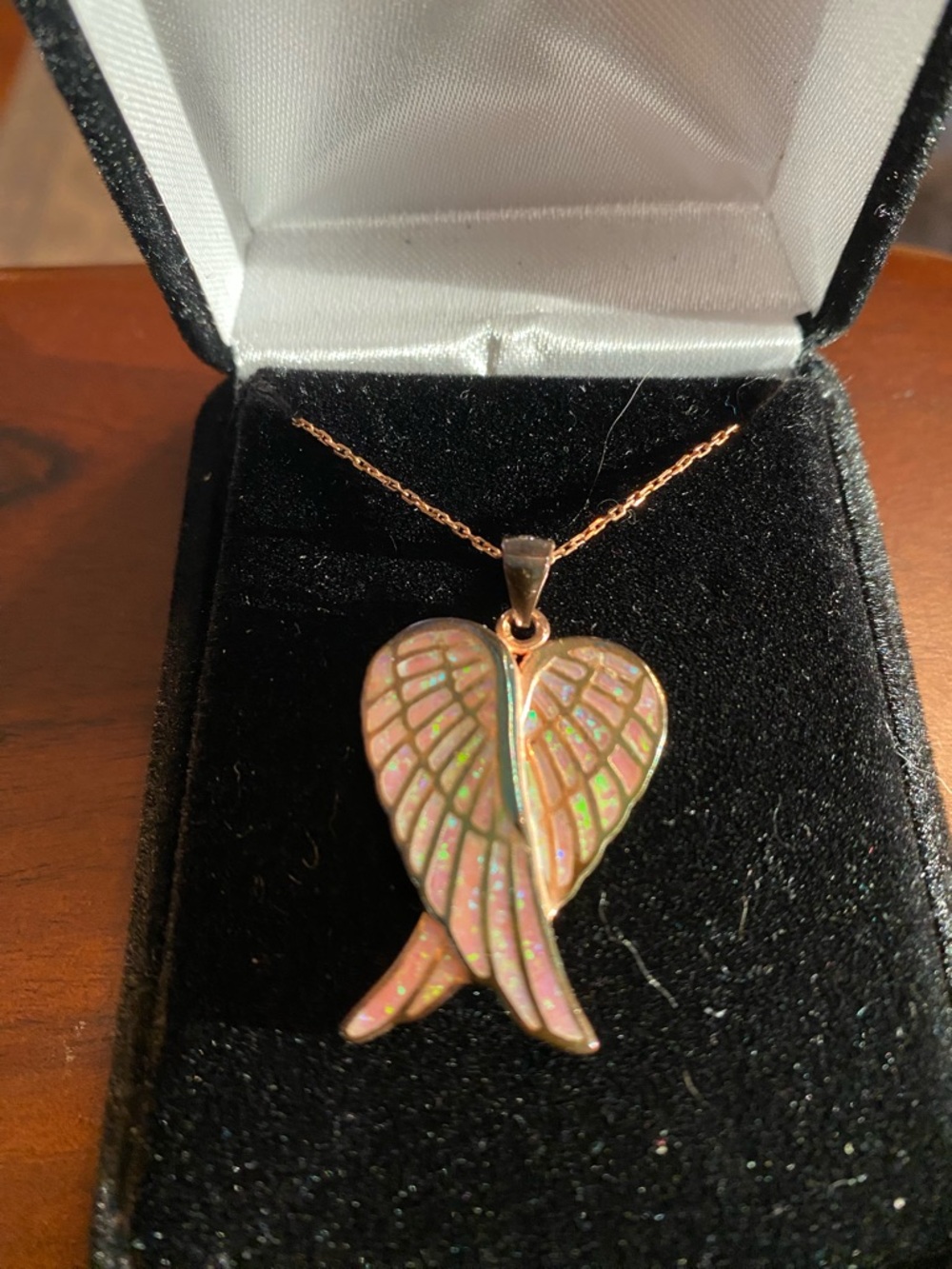 Rose Gold over Sterling Angel Wing Heart Pendant layered with Pink Opal